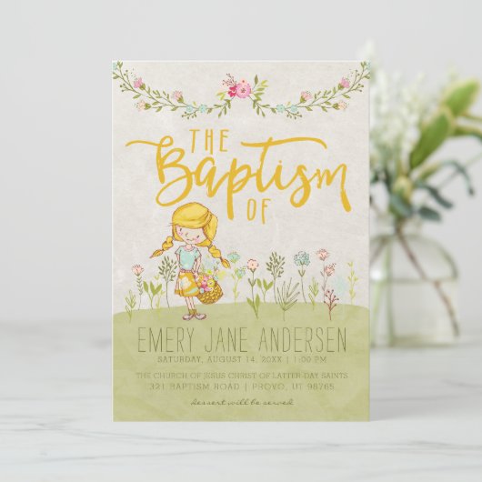 LDSバプテスマ招待状 | かわいい見すぼらしいフローラ女の子 招待状 (スタンド正面)