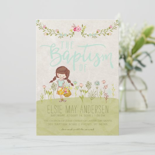 LDSバプテスマ招待状 | 可愛かわいらしいフローラ 招待状 (スタンド正面)