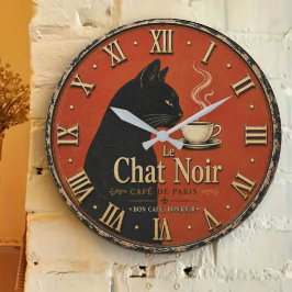 Le Chat Noir Café Vintage Black Cat Coffee Decor ラージ壁時計