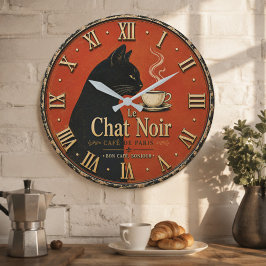 Le Chat Noir Café Vintage Black Cat Coffee Decor ラージ壁時計