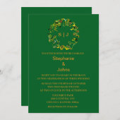 Leaf Crest Monogram Orange Forest Green Wedding 招待状 (正面/裏面)