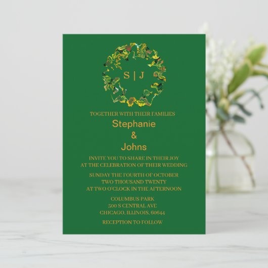 Leaf Crest Monogram Orange Forest Green Wedding 招待状 (スタンド正面)