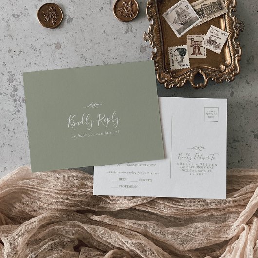 Leaf Sage Greenミニマルメニュー選択RSVPポストカード インビテーションポストカード