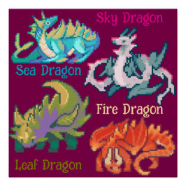 Leaf, sky, fire, sea Dragon pixel art ポスター