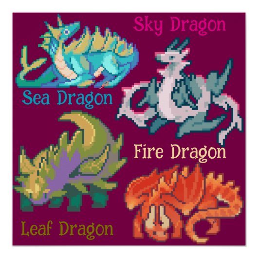 Leaf, sky, fire, sea Dragon pixel art ポスター (正面)