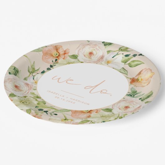 LEAHクリーミーベージュ春フローラ私たちは結婚の ペーパープレート (アングル)
