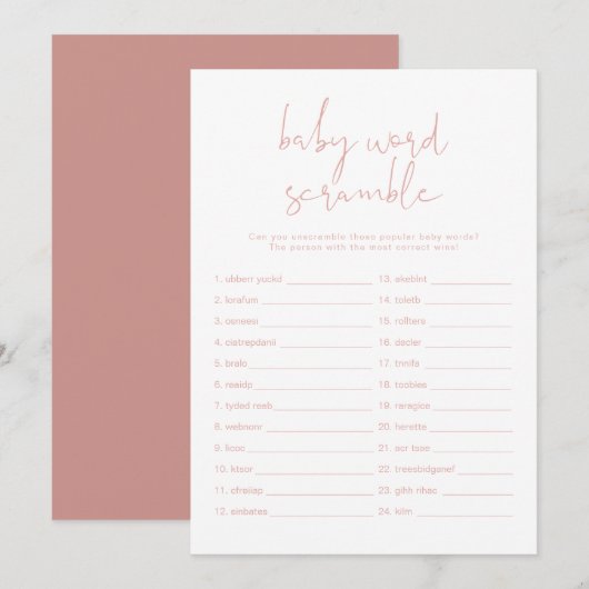 LEAHパステル鮮やかピンクベビーワードスクランブルゲーム 招待状 (正面/裏面)