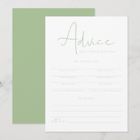LEAH パステルグリーンの赤ちゃんアドバイス＆予測カード 招待状 (正面/裏面)
