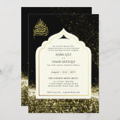 LeahGイスラーム結婚ズ黒金ゴールドモスクエレガント 招待状 (正面/裏面)