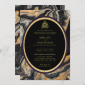 LeahGイスラーム結婚ズ黒金ゴールド大理石ニカ 招待状 (正面/裏面)