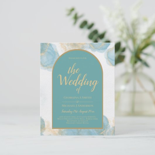 LeahGインクシーガラスターコイズティール(緑がかった色)金ゴールド招待状 (スタンド正面)