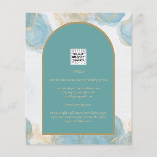 LeahGインクシーガラスターコイズティール(緑がかった色)金ゴールド招待状 (裏面)