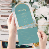 LeahGインクシーガラスターコイズティール（緑がかった色）金ゴールド招待状 オールインワン招待状