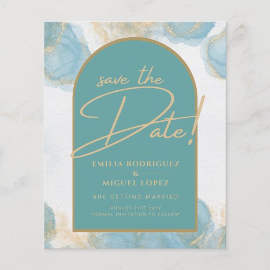 LeahGインクシーガラスターコイズティール（緑がかった色）金ゴールド招待状 チラシ (正面)