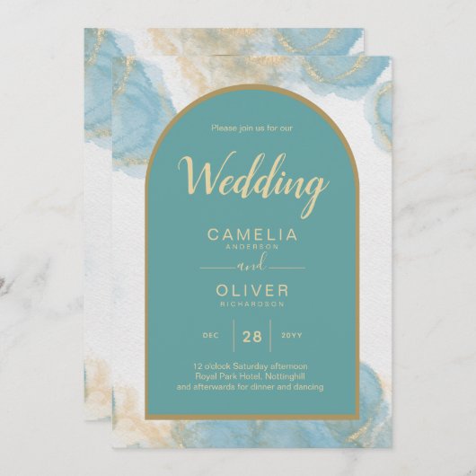 LeahGインクシーガラスターコイズティール（緑がかった色）金ゴールド招待状 招待状 (正面/裏面)