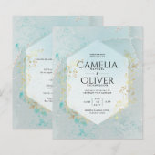 LeahGインクシーガラスターコイズ金ゴールドアクア招待状 (正面/裏面)
