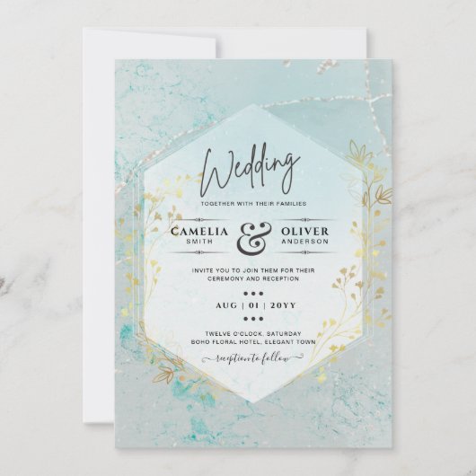 LeahGインクシーガラスターコイズ金ゴールドアクア招待状 招待状 (正面)