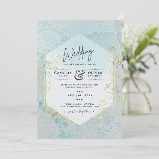 LeahGインクシーガラスターコイズ金ゴールドアクア招待状 招待状 (スタンド正面)