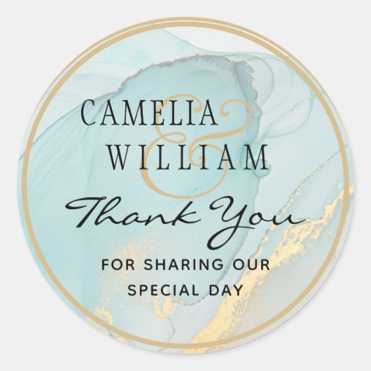 LeahGインクシーガラスティール（緑がかった色）金ゴールド結婚式の引き出物 ラウンドシール (正面)