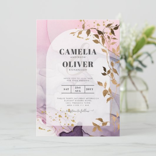 LeahGインクパープルグラデーションピンクピンク金ゴールド結婚ズ 招待状 (スタンド正面)