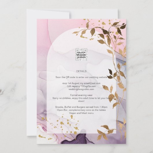 LeahGインクパープルグラデーションピンクピンク金ゴールド結婚ズ 招待状 (裏面)