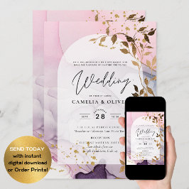 LeahGインクパープルグラデーションピンクピンク金ゴールド結婚ズ 招待状