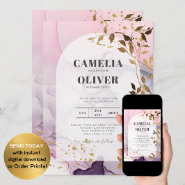 LeahGインクパープルグラデーションピンクピンク金ゴールド結婚ズ 招待状