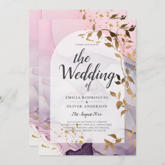 LeahGインクパープルグラデーションピンクピンク金ゴールド結婚ズ 招待状 (正面/裏面)