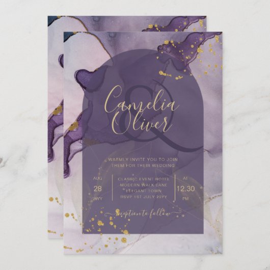 LeahGインクパープルグラデーションラベンダー金ゴールド結婚ズ 招待状 (正面/裏面)