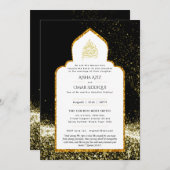 LeahGイ結婚スラーム黒金ゴールドモダンエレガント 招待状 (正面/裏面)