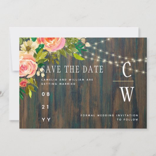 LeahGウッド素朴ピーチコーラルフローラ結婚ズ セーブザデート (正面)