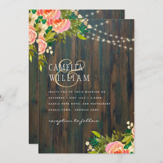 LeahGウッド素朴ピーチコーラルフローラ結婚ズ 招待状 (正面/裏面)