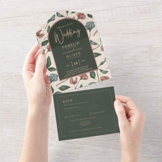 LeahGエメラルドグリーンテラコッタ金ゴールド秋の結婚式 オールインワン招待状 (貼ってはがせる)