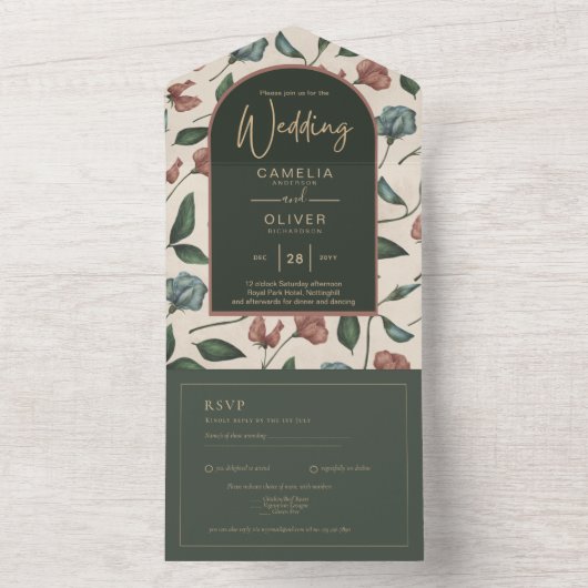 LeahGエメラルドグリーンテラコッタ金ゴールド秋の結婚式 オールインワン招待状 (内側)