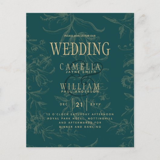 LeahGエメラルドグリーン金ゴールドヴィンテージボタニカル結婚ズ チラシ (正面)