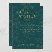 LeahGエメラルドグリーン金ゴールドヴィンテージボタニカル結婚ズ 招待状 (正面/裏面)