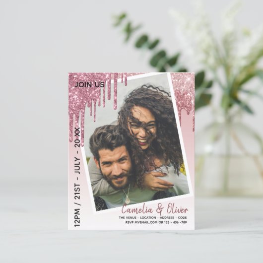 LeahGグリッタードリップフォトオーバーレイ結婚式の招待 (スタンド正面)