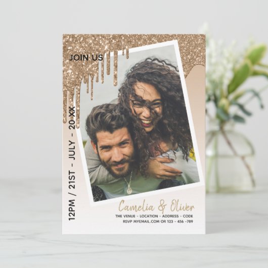 LeahGグリッタードリップフォトオーバーレイ結婚式の招待 招待状 (スタンド正面)