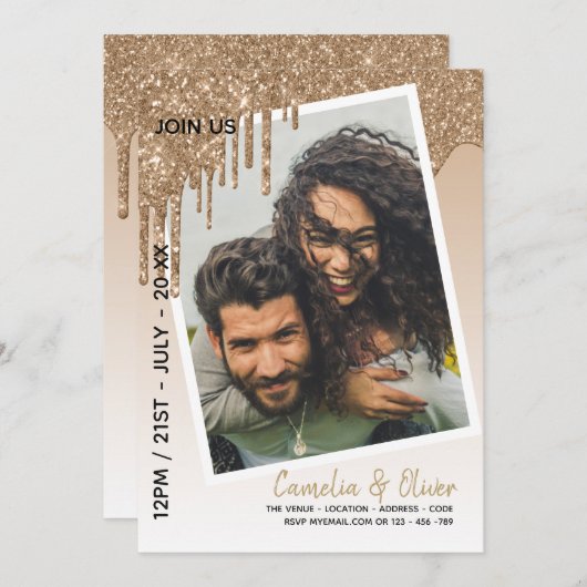 LeahGグリッタードリップフォトオーバーレイ結婚式の招待 招待状 (正面/裏面)