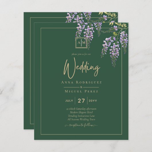 LeahGグリーンパープル藤の結婚式の招待 (正面/裏面)