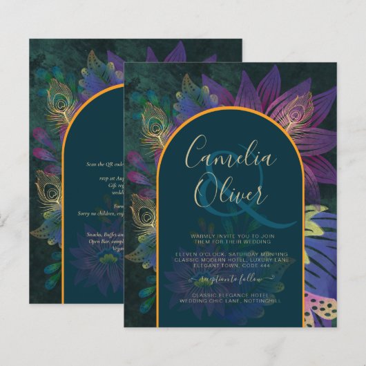 LeahGグリーンパープル金ゴールドジュエルトーンウェディング招待 (正面/裏面)