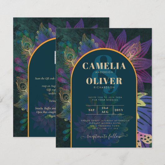 LeahGグリーンパープル金ゴールドジュエルトーンウェディング招待 (正面/裏面)