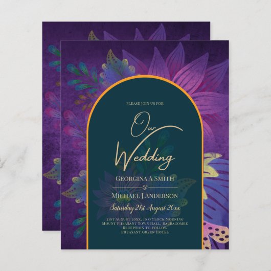 LeahGグリーンパープル金ゴールドジュエルトーンウェディング招待 (正面/裏面)