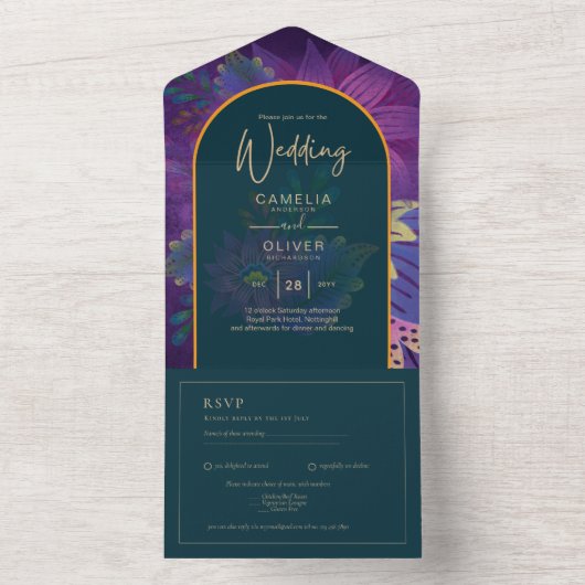 LeahGグリーンパープル金ゴールドジュエルトーンウェディング招待 オールインワン招待状 (内側)