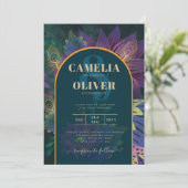 LeahGグリーンパープル金ゴールドジュエルトーンウェディング招待 招待状 (スタンド正面)