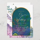 LeahGグリーンパープル金ゴールドジュエルトーンウェディング招待 招待状 (正面/裏面)