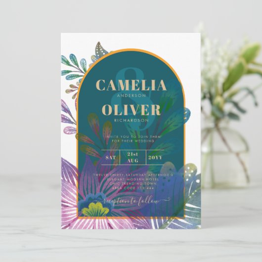 LeahGグリーンパープル金ゴールドジュエルトーンウェディング招待 招待状 (スタンド正面)