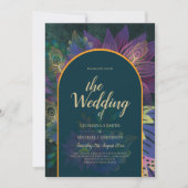 LeahGグリーンパープル金ゴールドジュエルトーンウェディング招待 招待状 (正面)