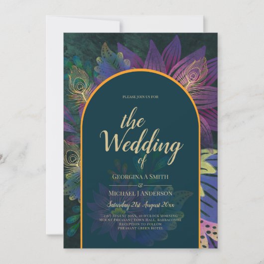 LeahGグリーンパープル金ゴールドジュエルトーンウェディング招待 招待状 (正面)