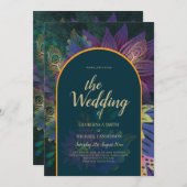 LeahGグリーンパープル金ゴールドジュエルトーンウェディング招待 招待状 (正面/裏面)